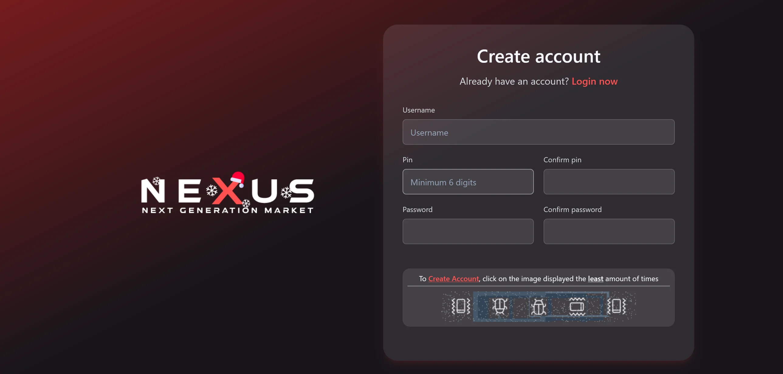 Nexus Market account registration form with username, passphrase, and PGP public key fields and no email field.