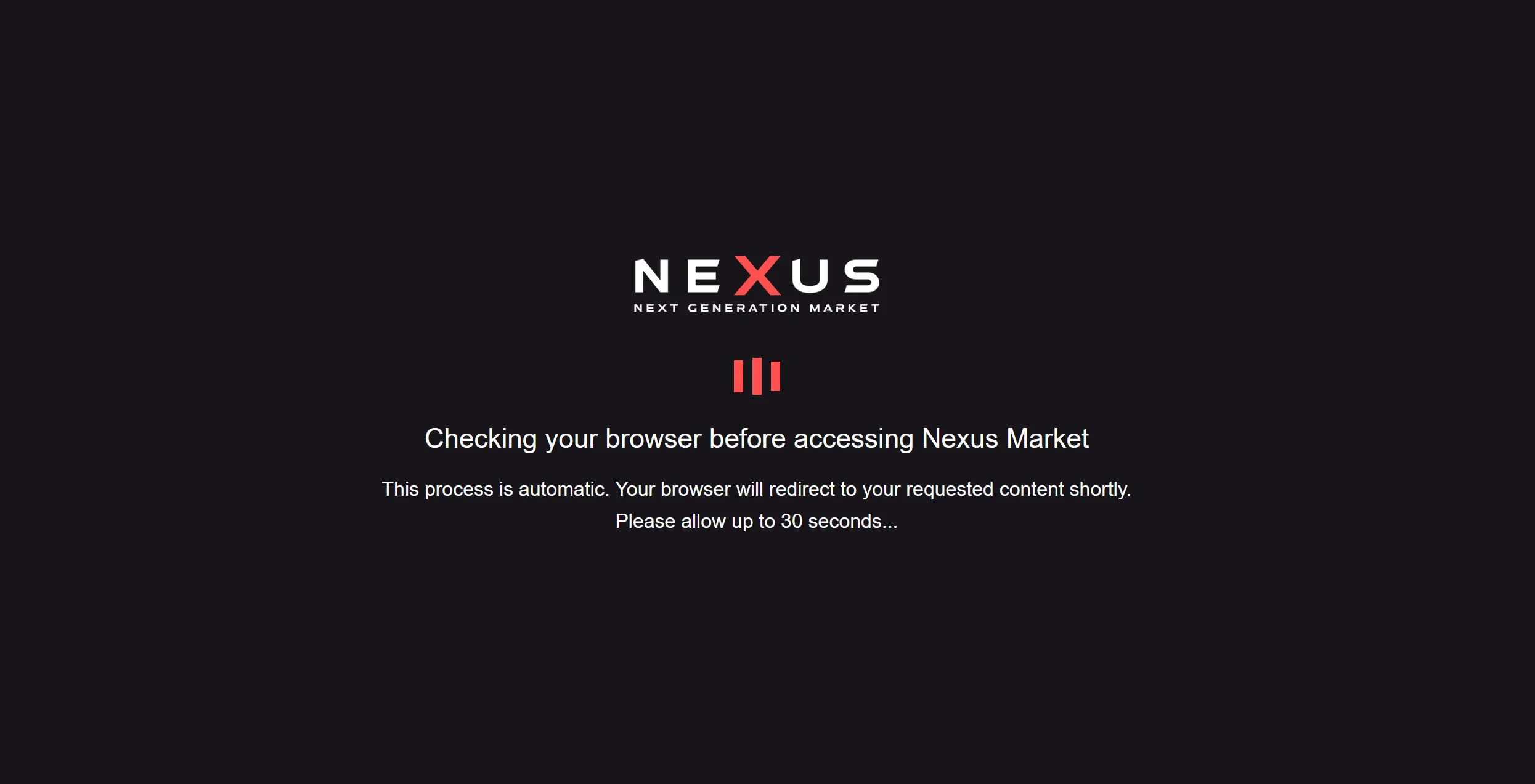 Tor Browser showing the Nexus Market connection check screen displayed before the main site loads.