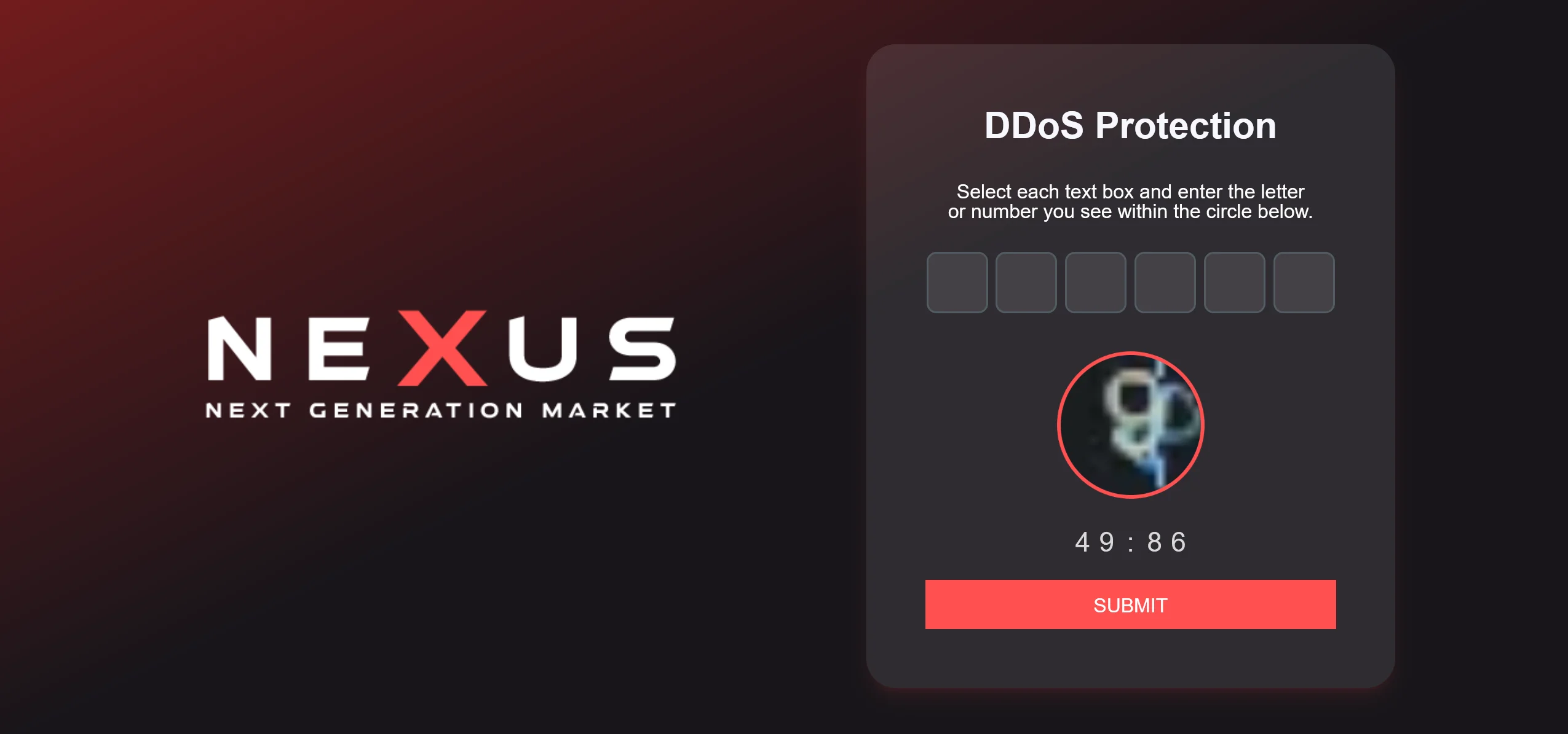 First-step captcha challenge on Nexus Market used before the login or registration form is shown.