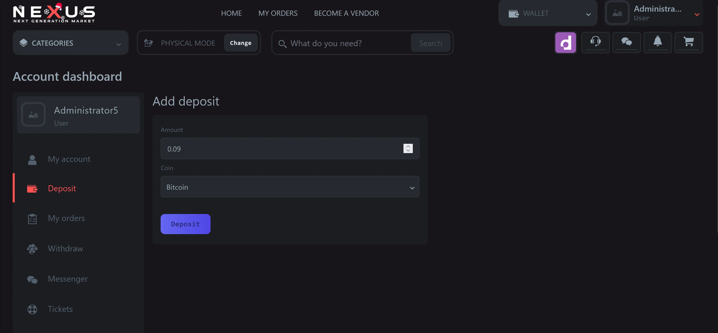 Nexus Market wallet deposit page in Tor Browser showing Bitcoin or Monero deposit address and balance fields.