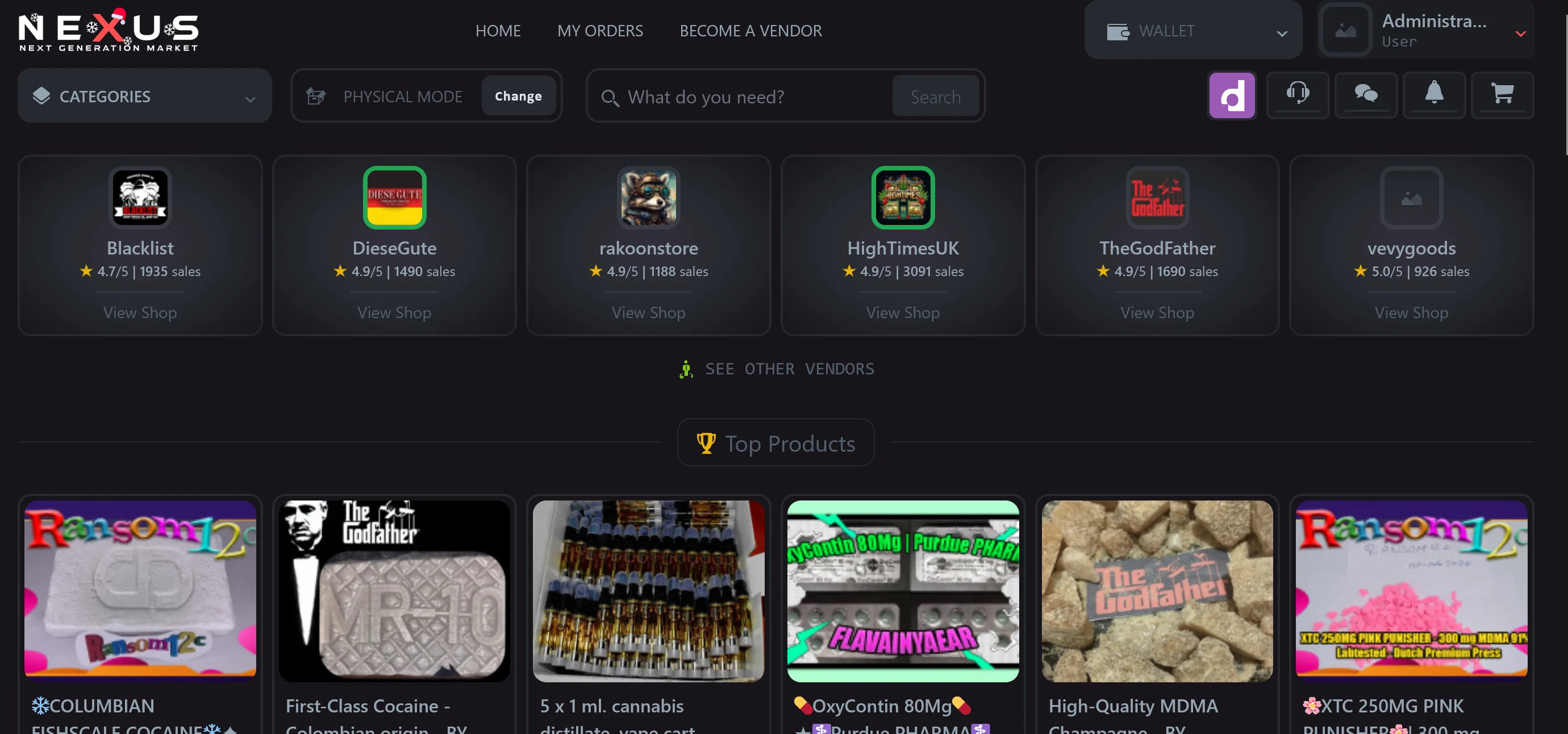 Nexus Market homepage in Tor Browser showing category navigation and the main market interface layout.