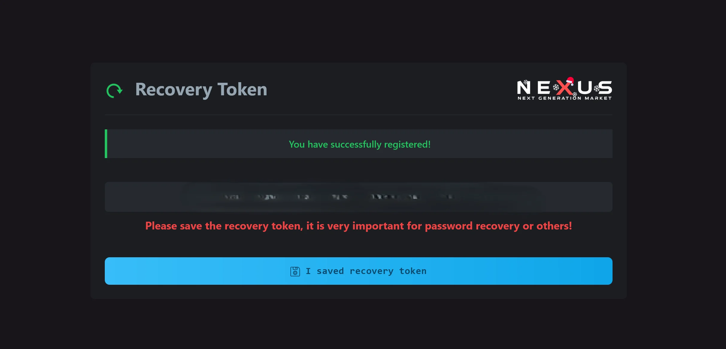 Nexus Market mnemonic recovery phrase screen shown once after successful account registration in Tor Browser.