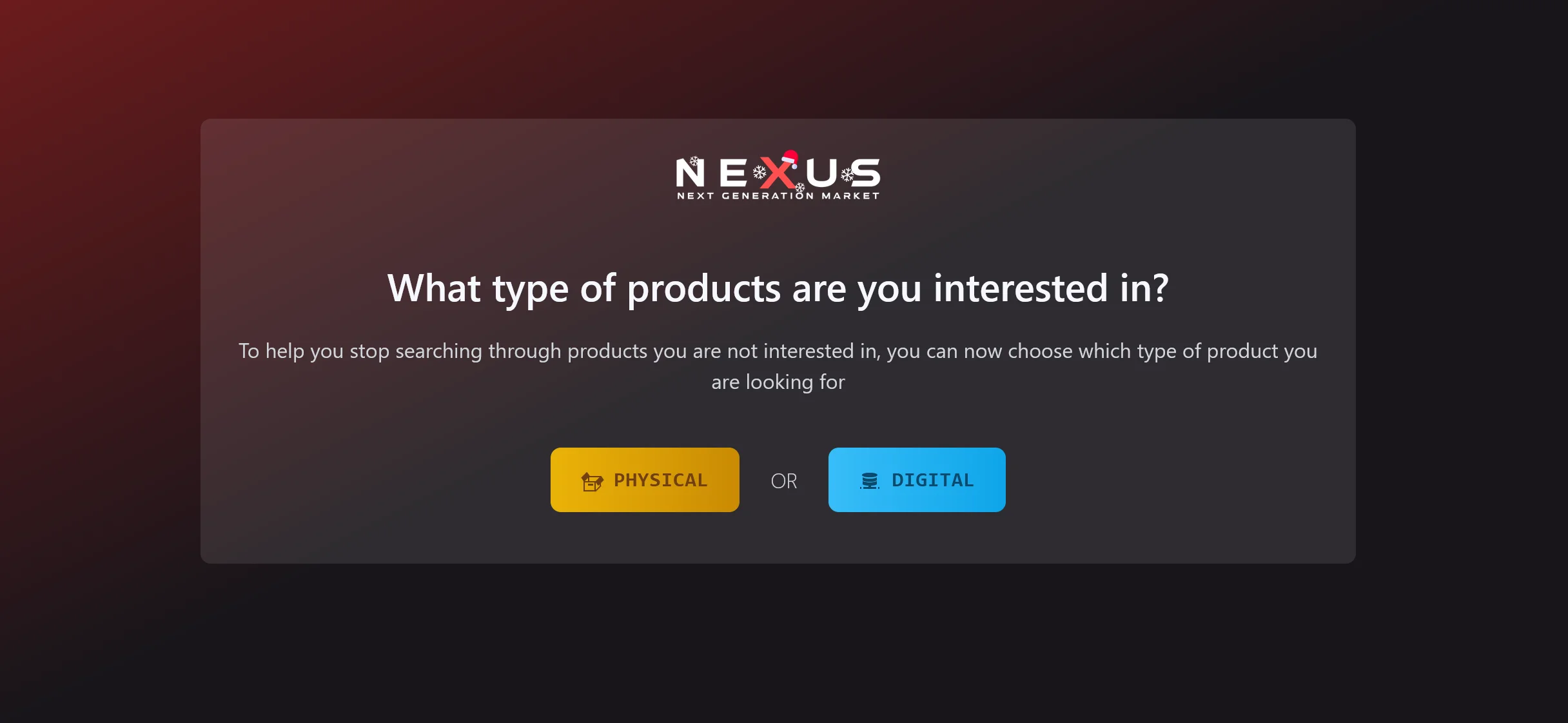Nexus Market product listing screen where vendors choose physical or digital delivery type for a new listing.